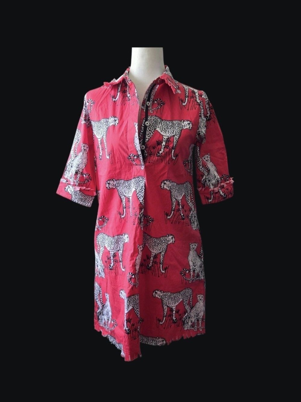 Bright Pink Midi Shirt Dress with Leopard Print
